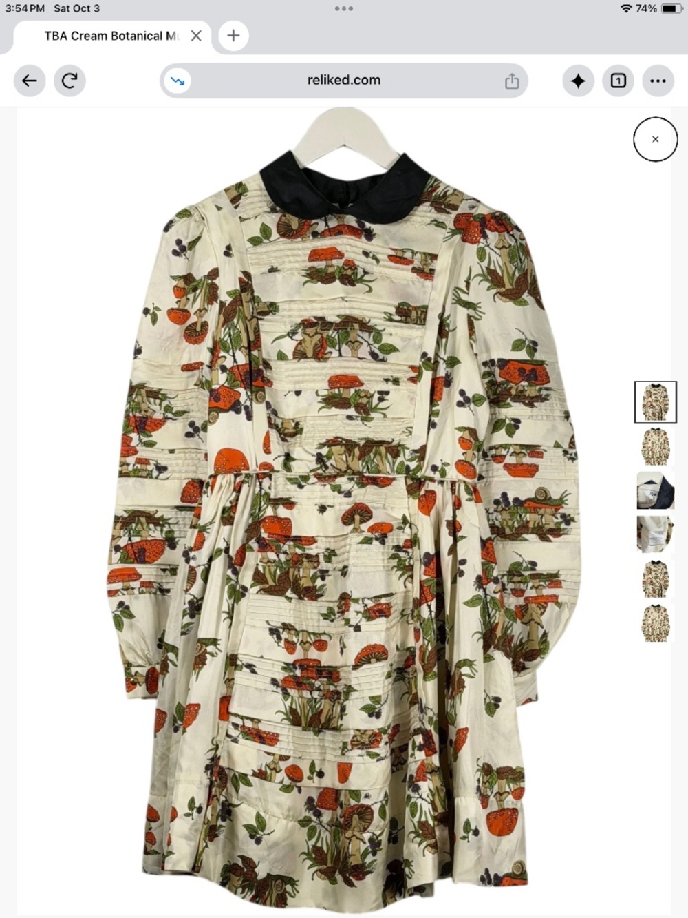 TBA cream Silk botanical print mushrooms with Peter Pan collar SZ M # nature